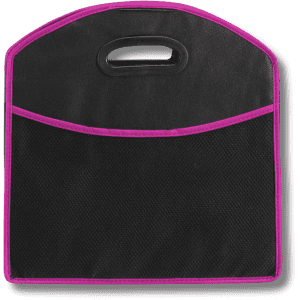 A black expandable boot organiser with a pink trim and a handle, featuring a mesh pocket.