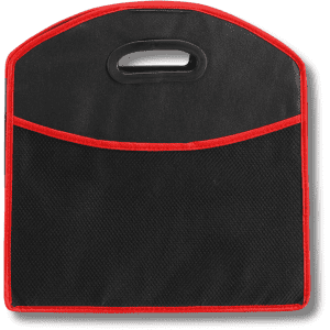 A black expandable boot organizer with red trim and a handle, featuring a front mesh pocket.