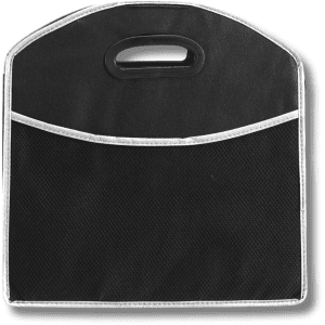 A black expandable boot organiser with a mesh pocket and a handle on top. It features a light trim.