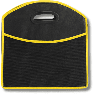 A black expandable boot organiser with yellow accents and a handle, featuring a front pocket.