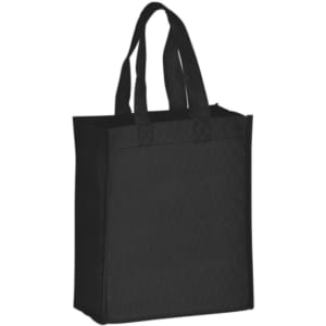 A black non-woven tote bag with two handles and an external logo. Perfect for everyday use.