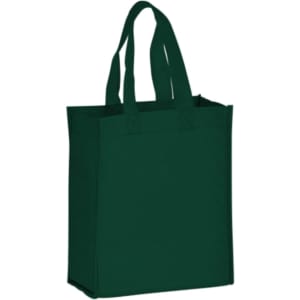 A green non-woven tote bag with two handles and a square base. It features a logo on one side.