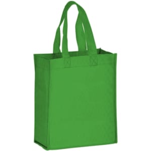 A green non-woven tote bag with two handles and a reinforced base, featuring a logo.