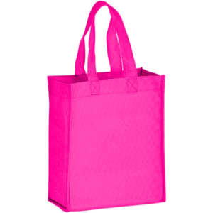A bright pink non-woven tote bag with two handles and a branded logo.