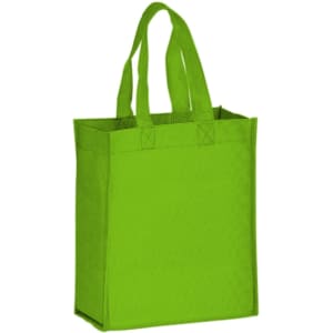 A bright green non-woven tote bag with two handles and a square base, featuring a logo.