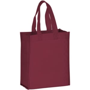 A maroon non-woven tote bag with two handles and no visible branding.