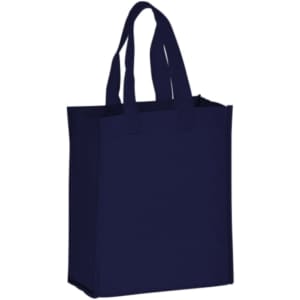 A navy blue non-woven tote bag featuring sturdy handles and a simple design. It has a logo on one side.