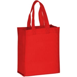 A red non-woven tote bag with two shoulder straps and a square base. It features branding on one side.
