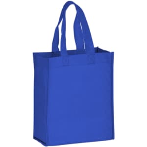A bright blue non-woven tote bag with two handles and a structured design. It features a logo.