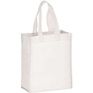 A white non-woven tote bag with sturdy handles and a simple design, featuring a logo.