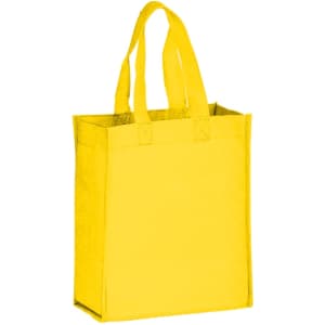 A yellow non-woven tote bag with two handles and a simple design, featuring a logo.