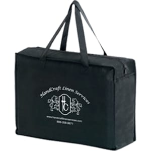 A black non-woven briefcase tote with zipper closure and dual handles, featuring a logo on the front.
