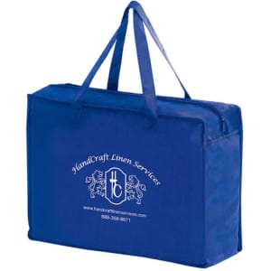 A blue non-woven tote bag with a zipper closure and two handles, featuring a logo on the front.