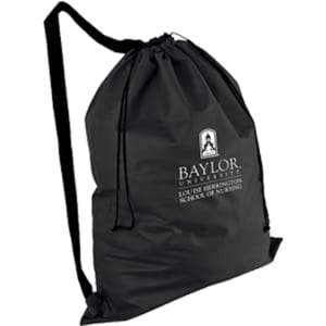 A black non-woven duffel bag with drawstring closure and an over-the-shoulder strap, featuring a logo.