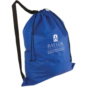 A blue non-woven laundry duffel bag with a shoulder strap and a logo.