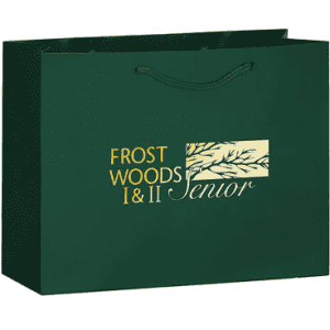 A green tote bag with handles, featuring a logo and a design on one side.