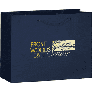 A navy tote bag with a logo featuring text and a tree design, featuring sturdy handles.