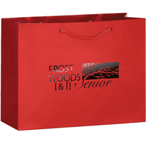 A red landscape tote bag featuring a logo on one side and two handles for carrying.