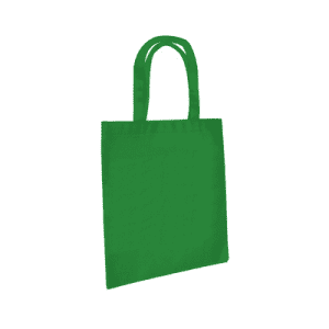 A green tote bag with two straps and a plain design, featuring a branding logo.
