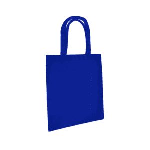 A blue tote bag with two handles and a simple design, featuring a logo on one side.