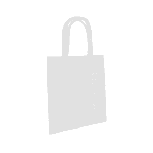 A white tote bag with handles, featuring a simple design and a logo. Ideal for casual use and shopping.
