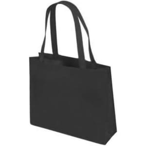 A black tote bag with two sturdy handles and a rectangular shape. It features a logo on the front.