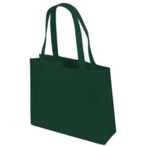 A green tote bag with two handles and a minimalist design, featuring a logo.