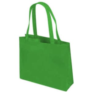 A bright green tote bag with two handles and a simple design, featuring a branding logo.