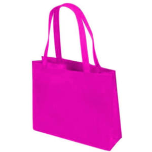 A bright pink tote bag with two handles, featuring a simple design and a branding logo.