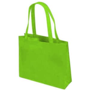A vibrant green tote bag with two handles and a simple design, featuring a logo.