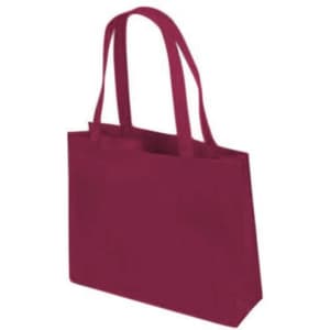 A burgundy tote bag with two handles and a simple design. It features a branding logo on the front.