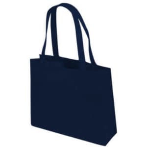 A navy tote bag with two handles and a simple rectangular design. It features a branding logo.