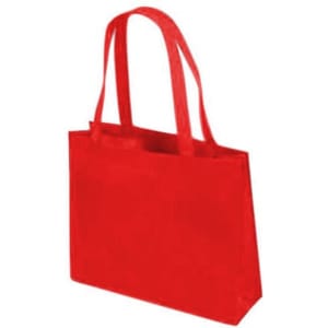 A red tote bag with two handles and a simple design, featuring a logo on one side.