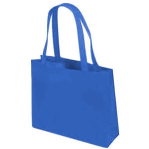 A blue tote bag with two handles and an interior compartment, featuring a logo.