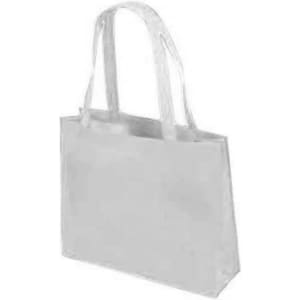 A white tote bag with two handles and a simple design. It features a logo on one side.