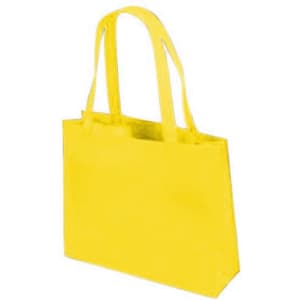 A yellow tote bag with two handles and a simple design. It features a logo on the front.