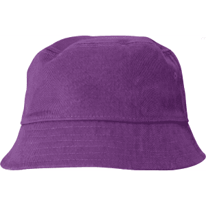 A purple cotton bucket hat featuring a wide brim and a simple design. It has a logo on it.