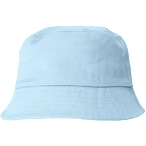 A light blue cotton bucket hat with a wide brim and a logo on the side.