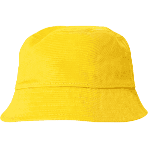 A yellow cotton bucket hat with a wide brim and a stitched band. The hat features a logo.