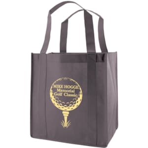 A large black reusable shopping bag with two handles and a gold logo on one side.