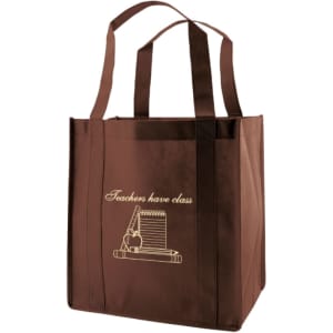 A large brown reusable grocery bag with two sturdy handles and a logo.