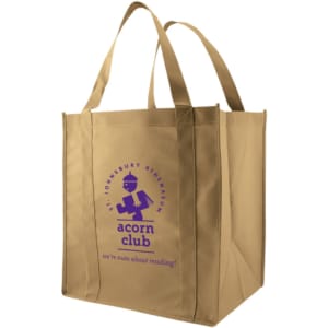 A large beige reusable grocery bag with handles and a logo printed on the front.