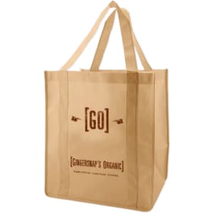 A large brown non-woven reusable shopping bag with sturdy handles and a branded logo.