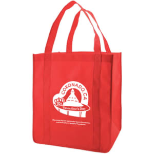 A red extra-large non-woven reusable grocery bag with sturdy handles and a logo.