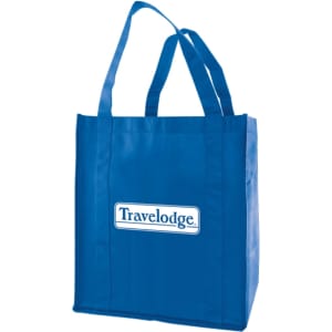 A blue extra-large non-woven shopping bag with two handles and a logo on the front.