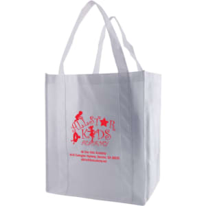 A large white non-woven shopping bag with red branding and two sturdy handles.