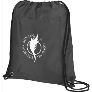 A grey drawstring cooler pack with a logo, featuring a simple design and adjustable straps.