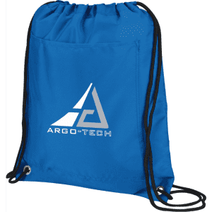 A blue drawstring cooler pack with black straps and a logo on the front.