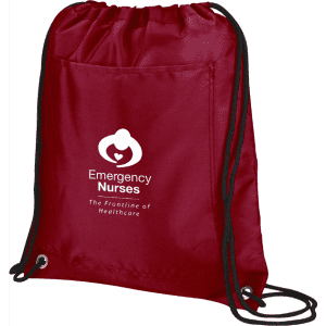 A red drawstring cooler pack with a logo, featuring black drawstrings for easy carrying.