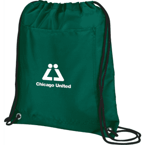 A green drawstring cooler pack with a black drawstring and a front pocket. It features a logo on the front.